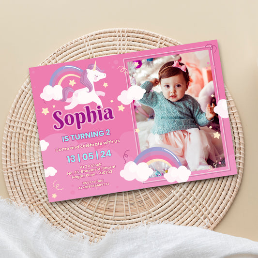 Pink Unicorn Birthday Photo Invitation CB208