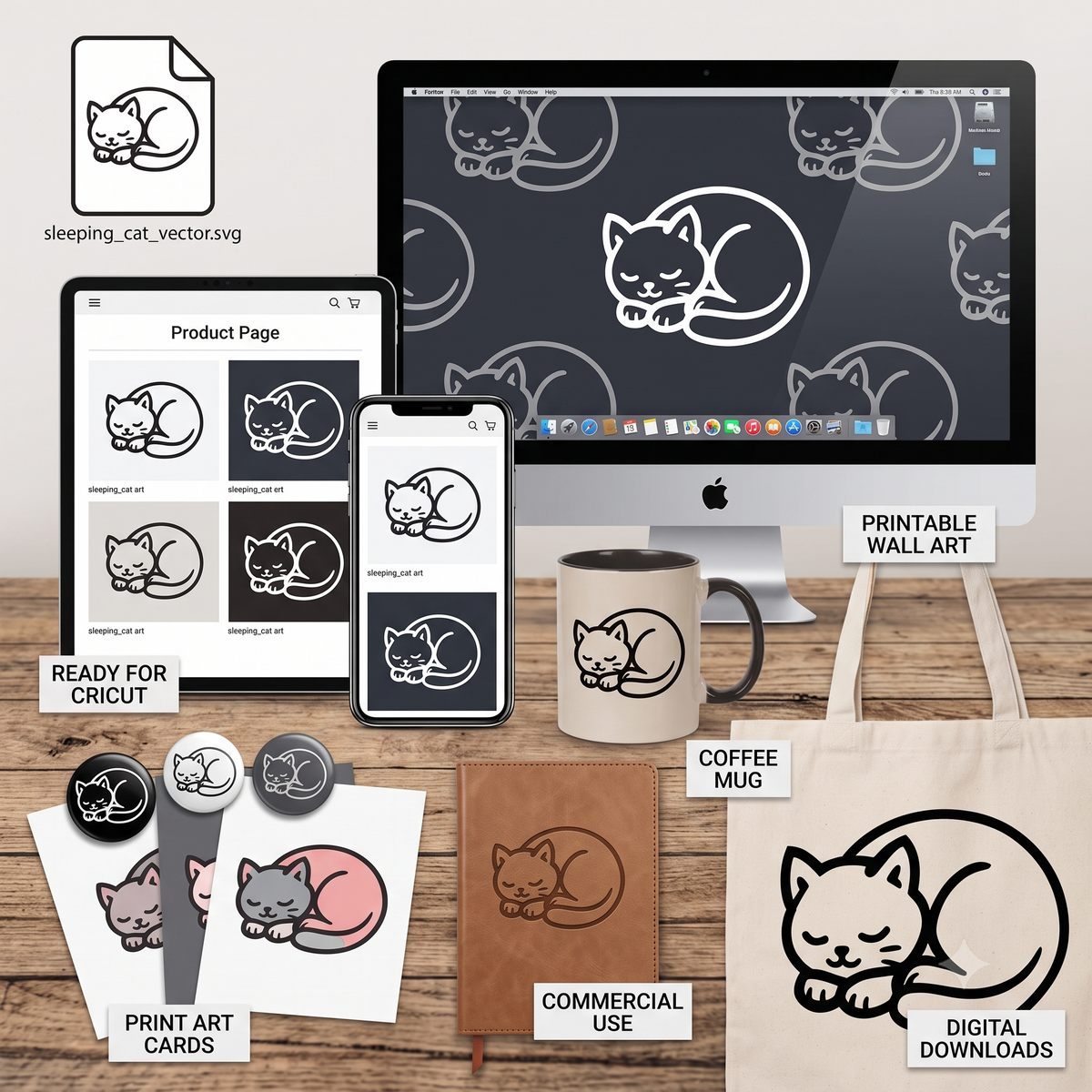 Minimalist Sleeping Cat Line Art | Cute Curled-Up Kitten Vector Silhouette | Instant Download SVG PNG EPS