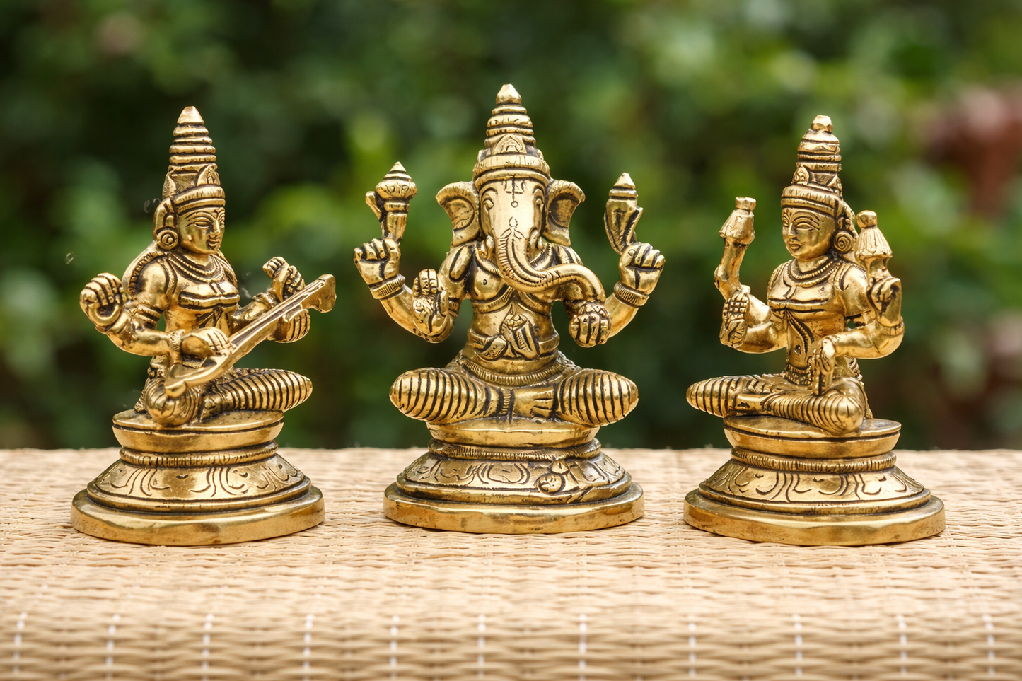 Lord Ganesha Lakshmi And Saraswathi Statue Brass 3.5 inches