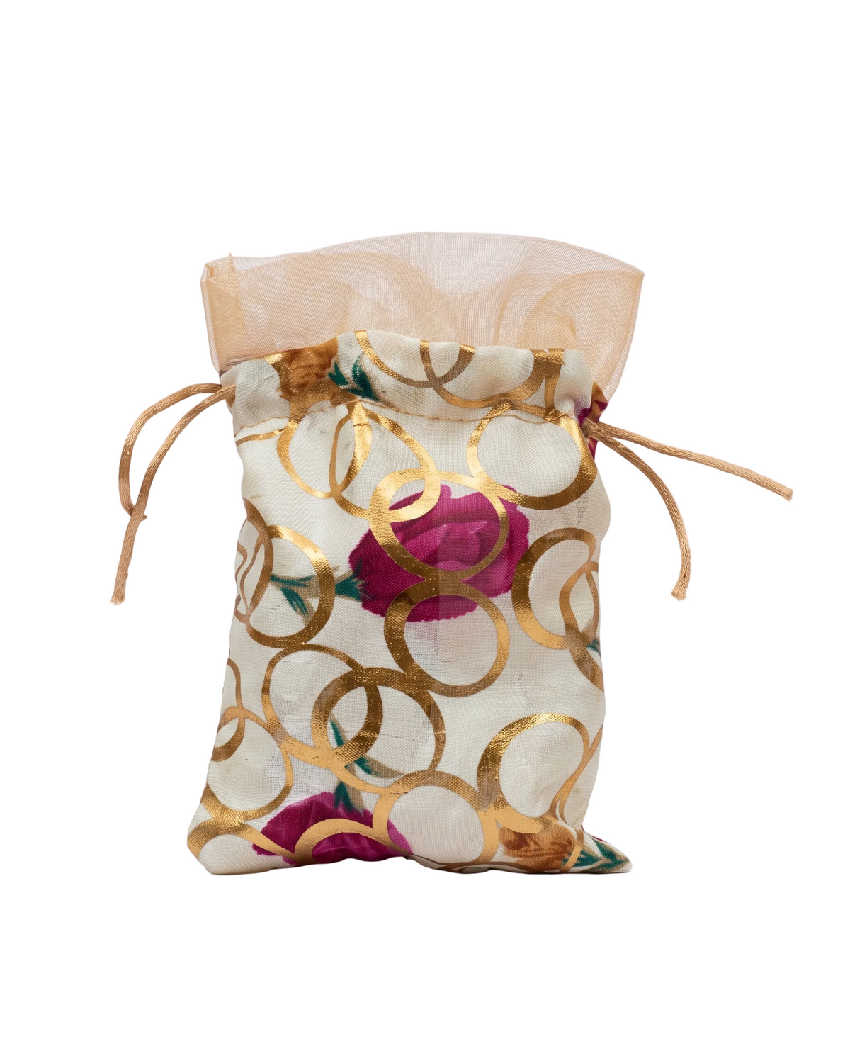 Cream Printed Velvet Drawstring Potli Pouch – Gold Motif & Floral Festive Gift Bag