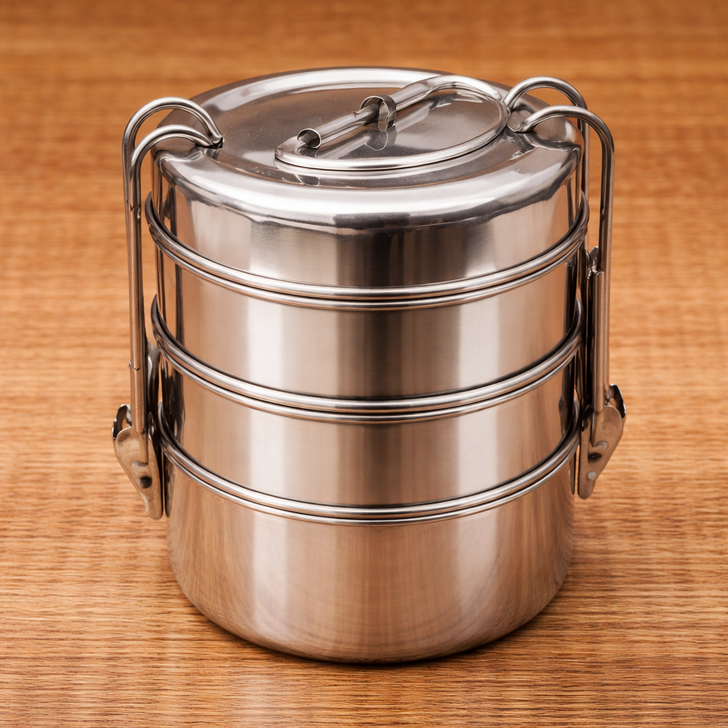 Stainless Steel Round Tiffin Box – 3 Tier Lunch Box with Handle | Compact & Durable