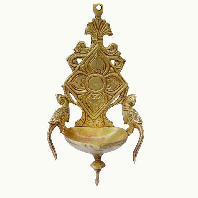 Twin Parrot Wall Hanging Brass Lamp 8"