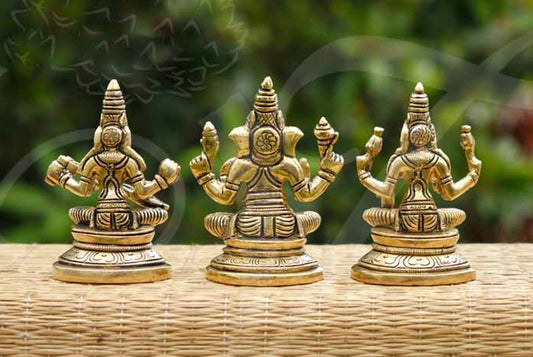 Lord Ganesha Lakshmi And Saraswathi Statue Brass 3.5 inches