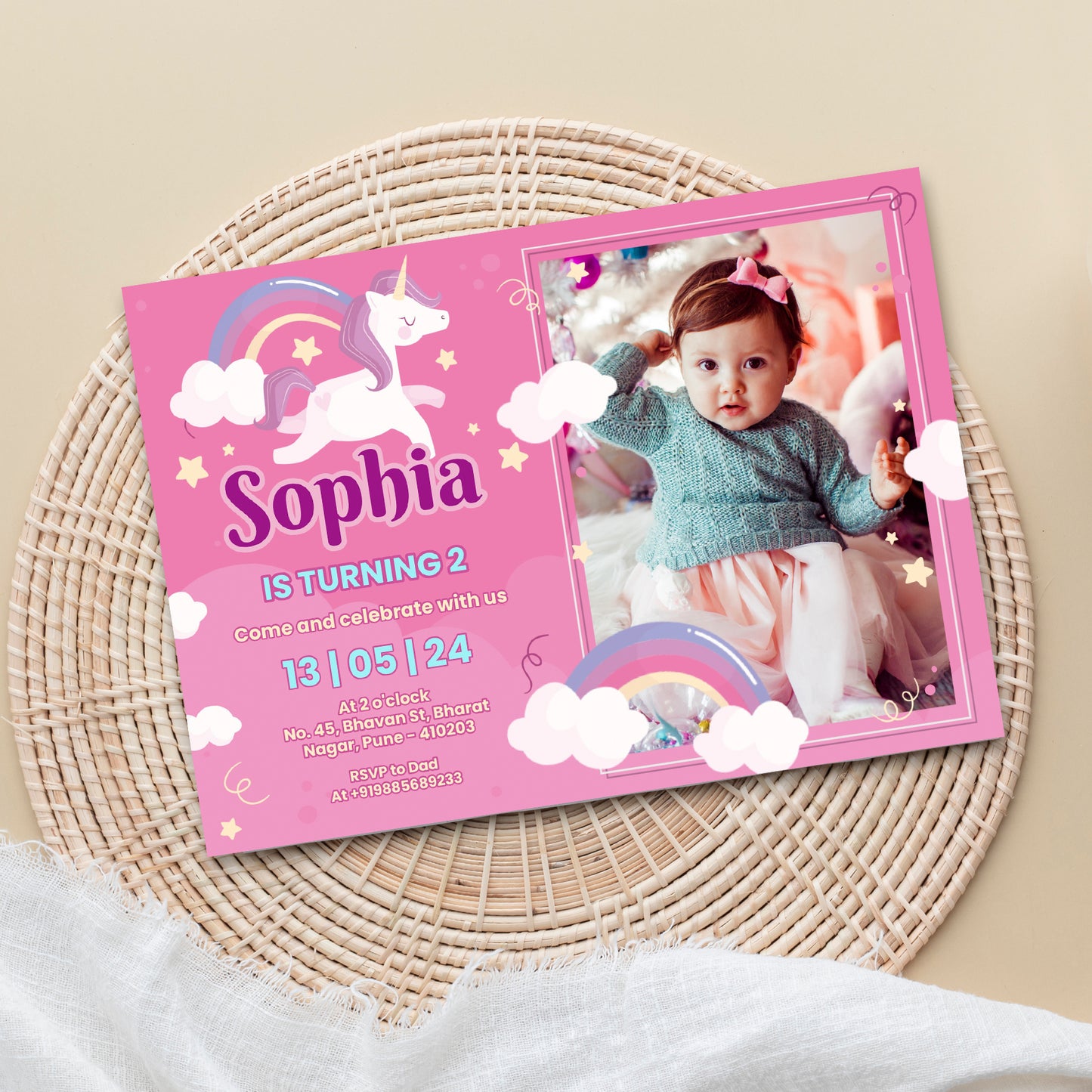 Pink Unicorn Birthday Photo Invitation CB208
