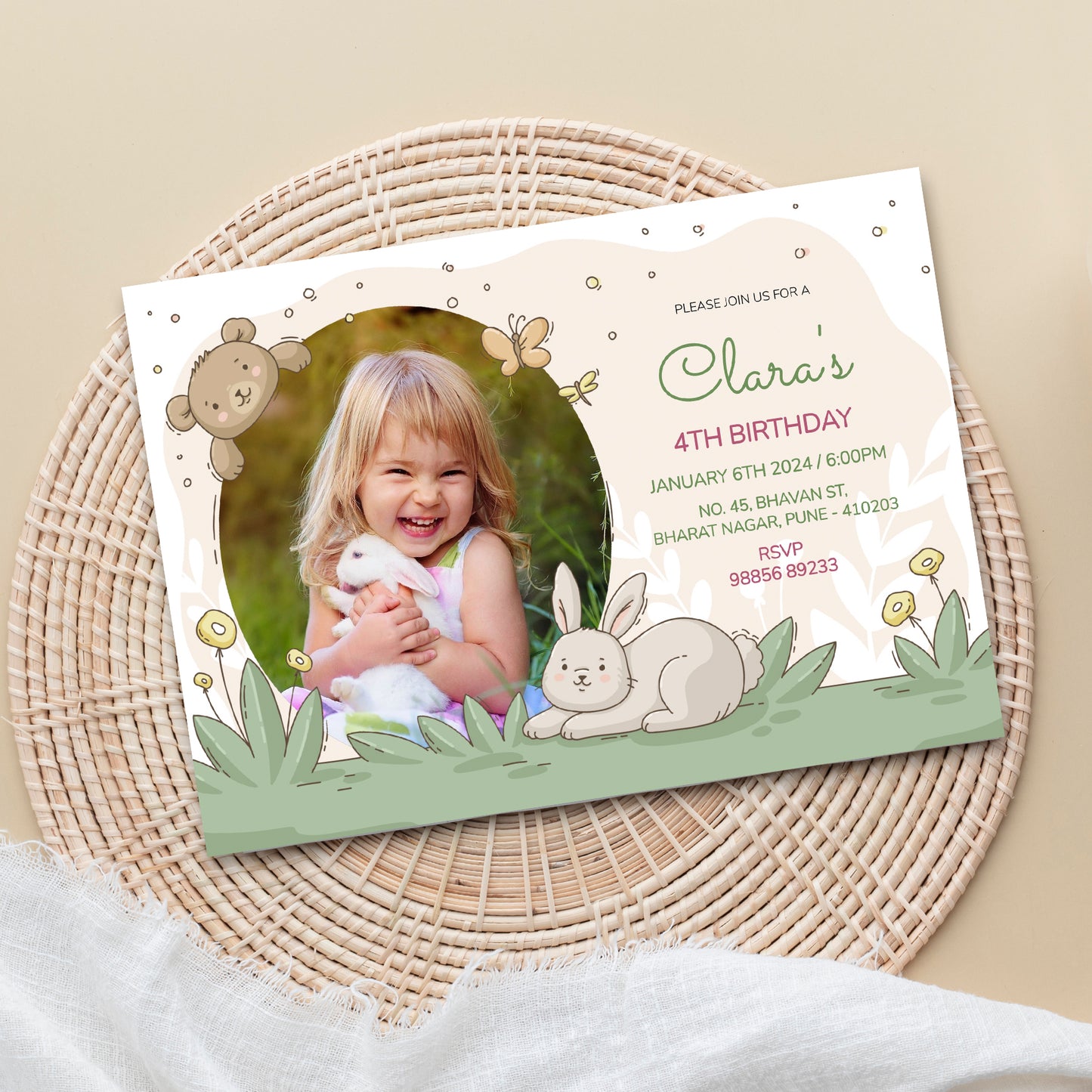 Rabbit Party Birthday Photo Invitation CB219