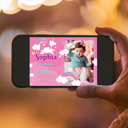 Pink Unicorn Birthday Photo Invitation CB208