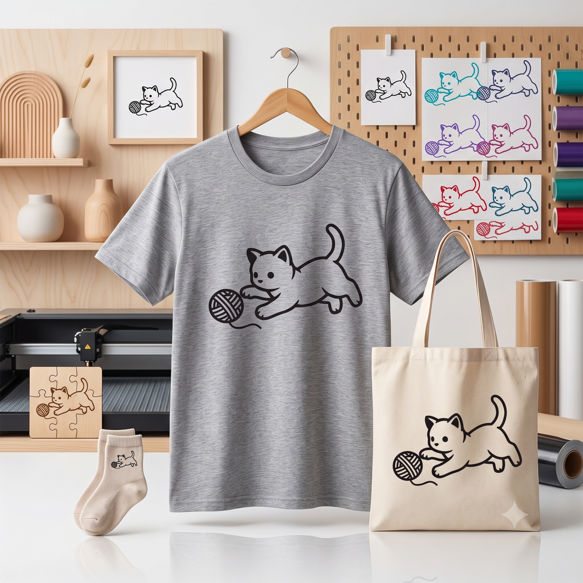 Playful Kitten with Yarn Ball Line Icon – SVG, PNG, EPS Instant Download