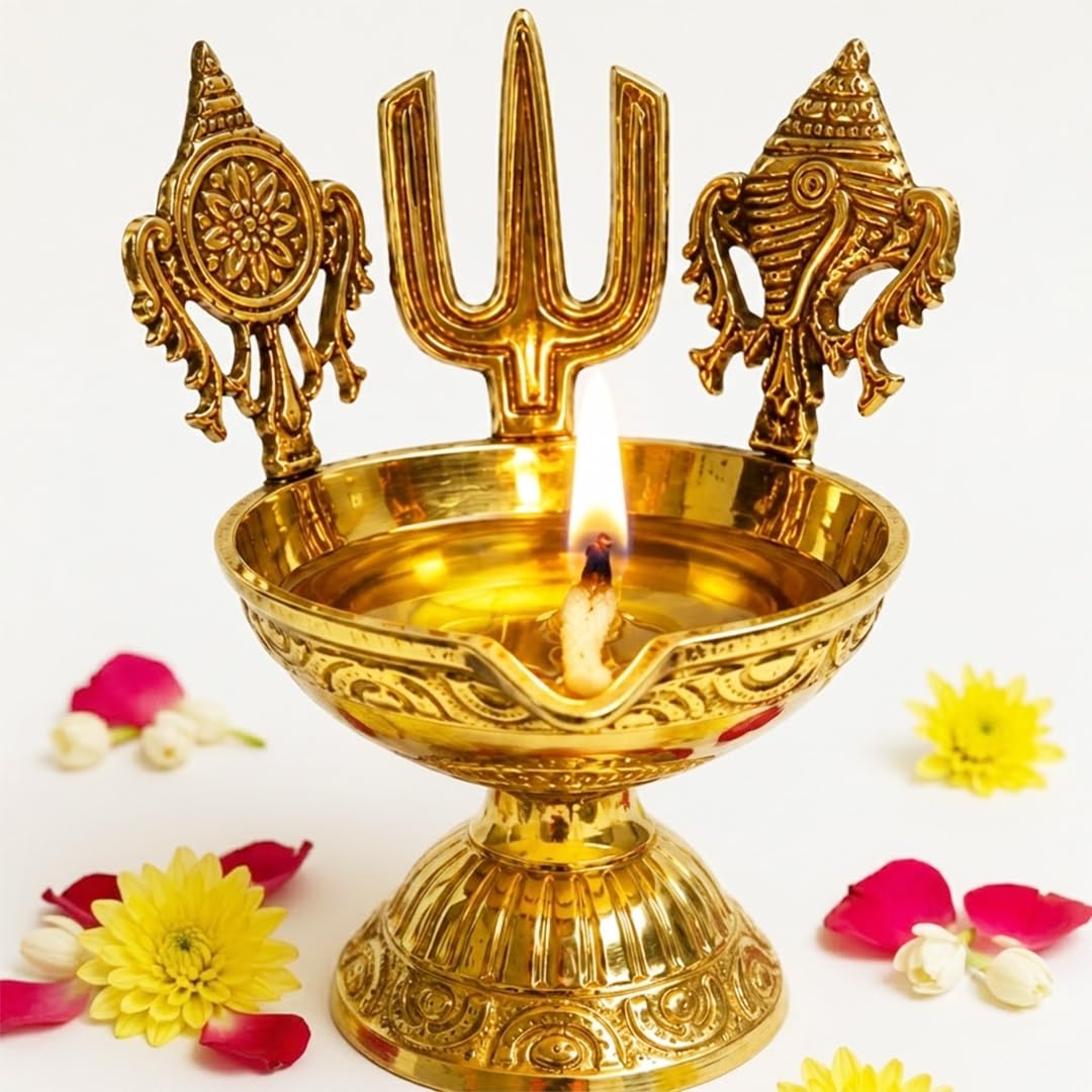 Brass Shank Chakra Diya | Sacred Gold Puja Lamp