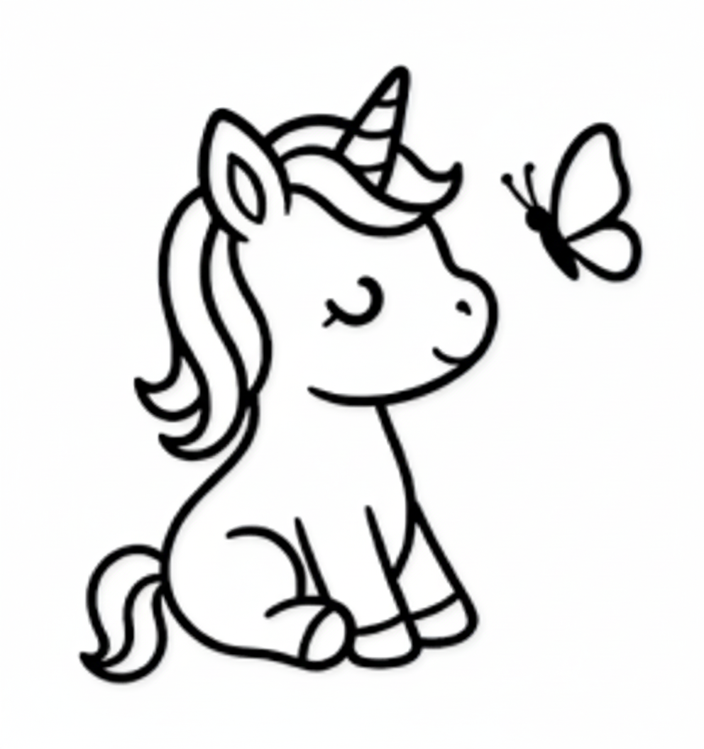 Cute Sitting Unicorn with Butterfly Outline Vector | Kawaii Unicorn Line Art