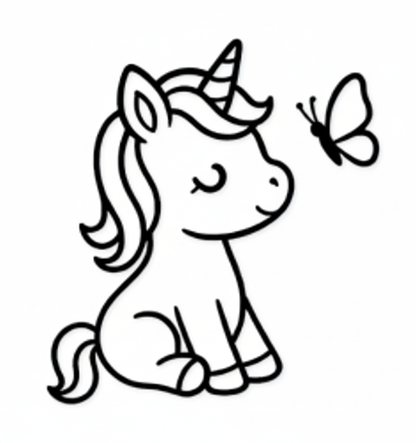 Cute Sitting Unicorn with Butterfly Outline Vector | Kawaii Unicorn Line Art