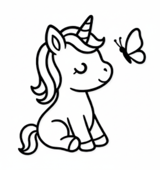 Cute Sitting Unicorn with Butterfly Outline Vector | Kawaii Unicorn Line Art