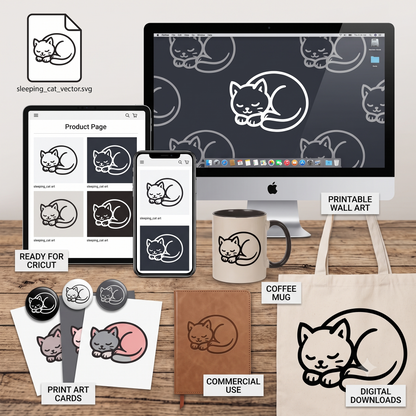 Minimalist Sleeping Cat Line Art | Cute Curled-Up Kitten Vector Silhouette | Instant Download SVG PNG EPS