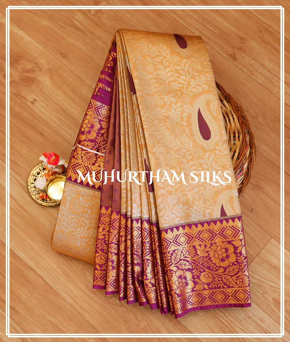 Beautiful Golden, Copper & purple combo Silk saree
