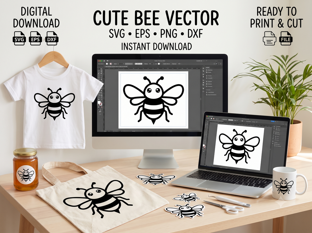 Cute Bumble Bee Vector Icon | Cute Honeybee Line Art Graphic (SVG, EPS, PNG)