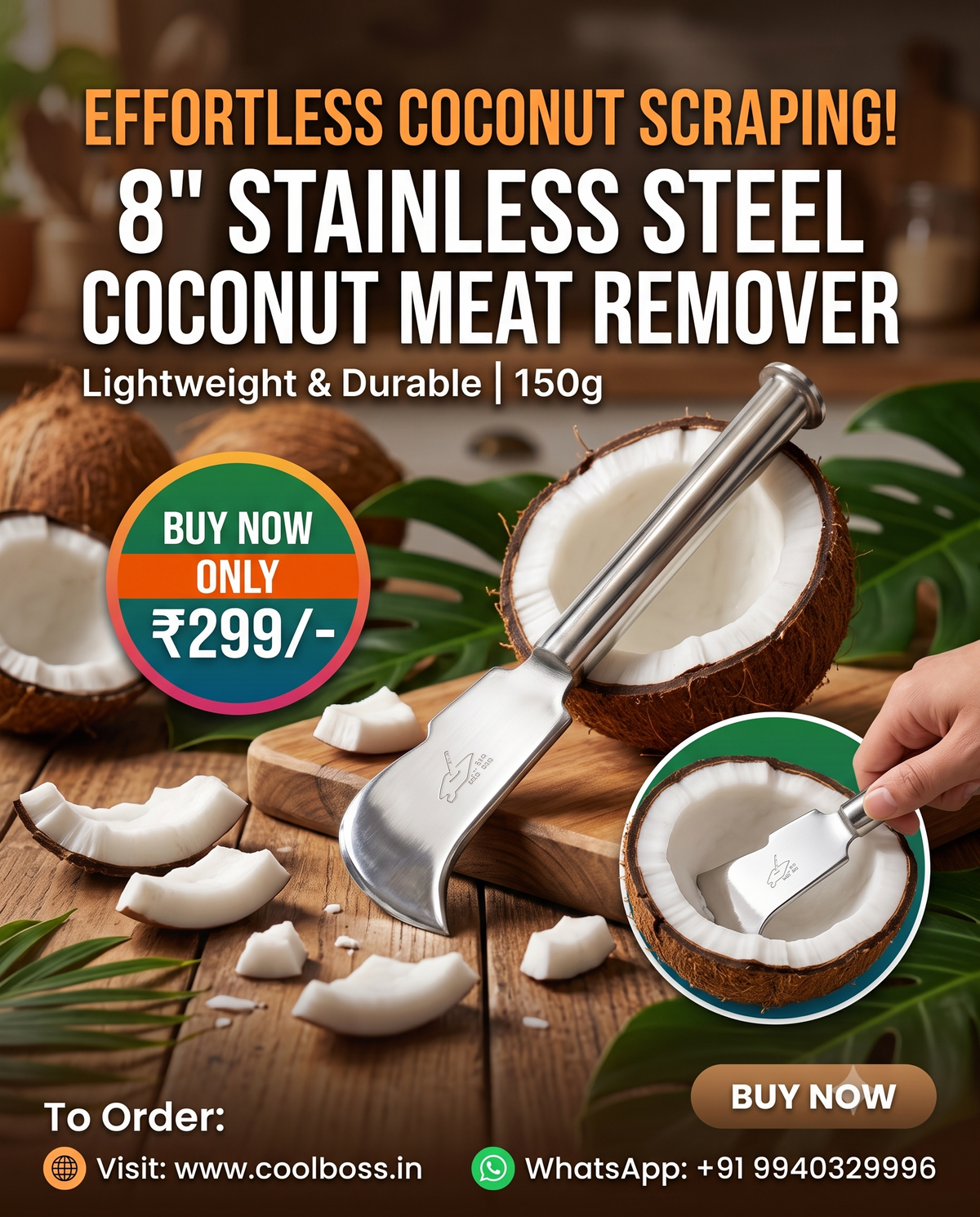 8" Stainless Steel Coconut Meat Remover (150g)