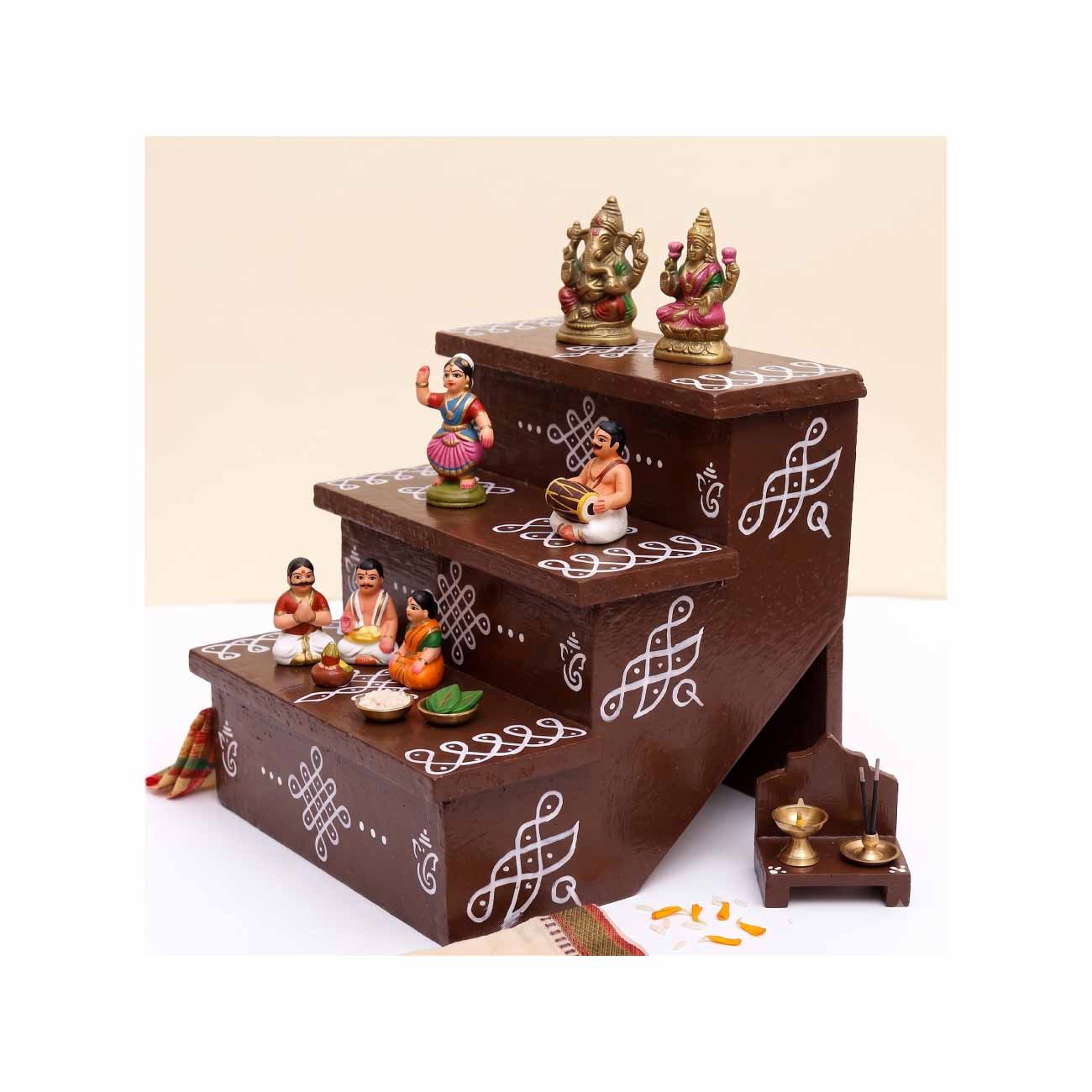 Coolboss Golu Padi - 7-Inch 3-Step Miniature Wooden Stand for Navratri Dolls