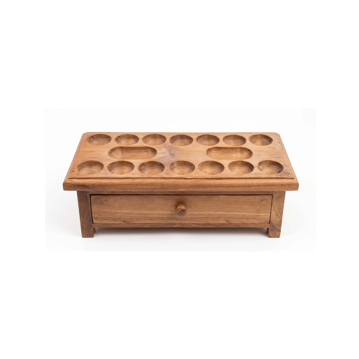Handcrafted Wooden Pallanguzhi Board with Storage Drawer – Traditional South Indian Mancala Board Game