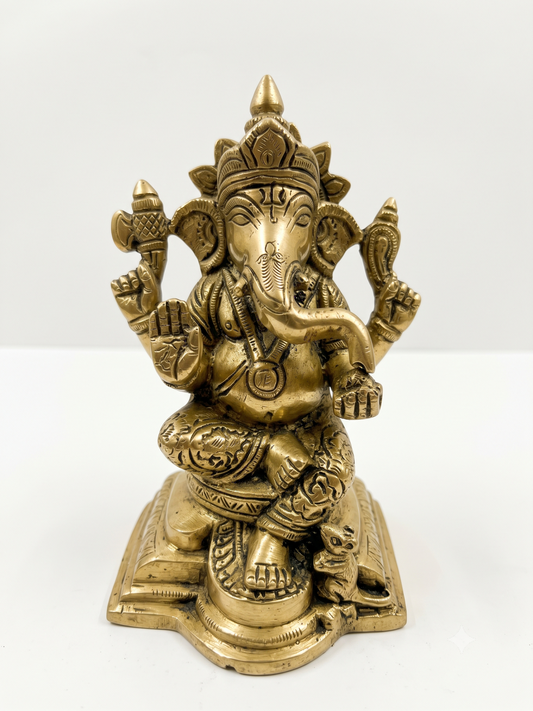 Brass Ganesha Idol - 14 cm Seated Statue