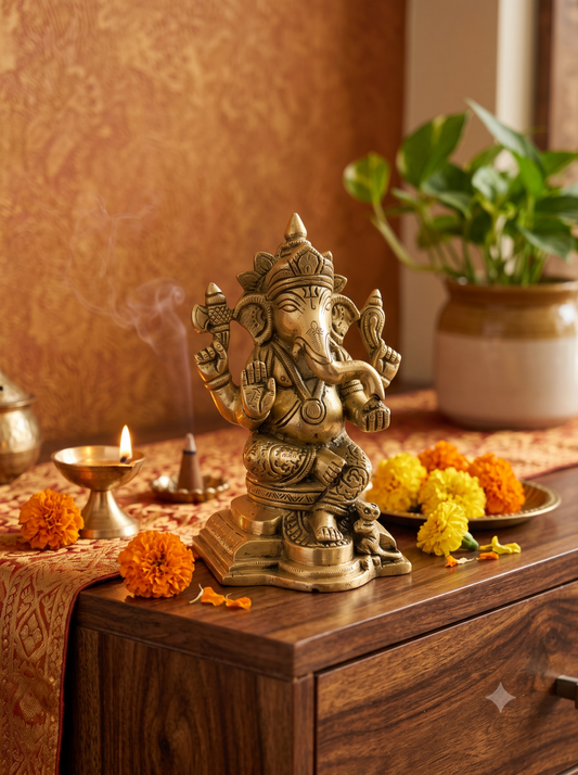 Brass Ganesha Idol - 14 cm Seated Statue
