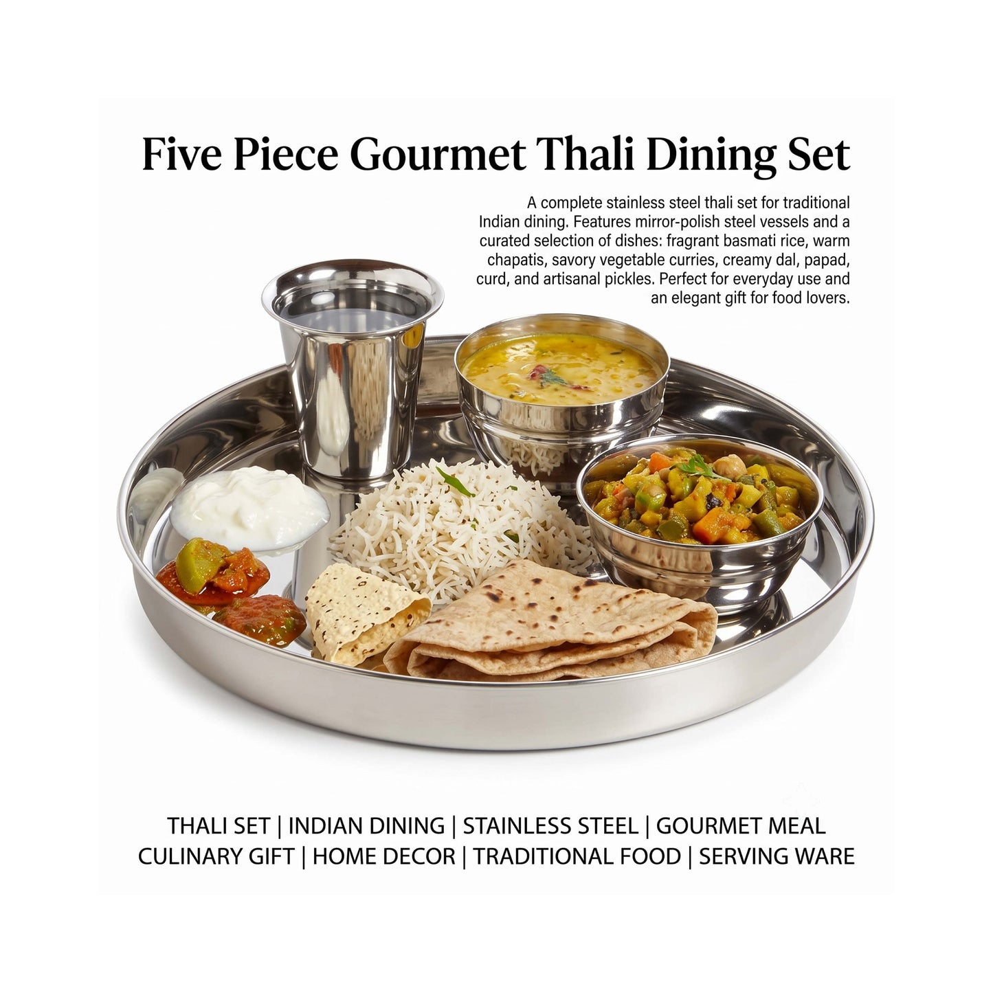 5-Piece Stainless Steel Thali Set – Traditional Indian Dinnerware