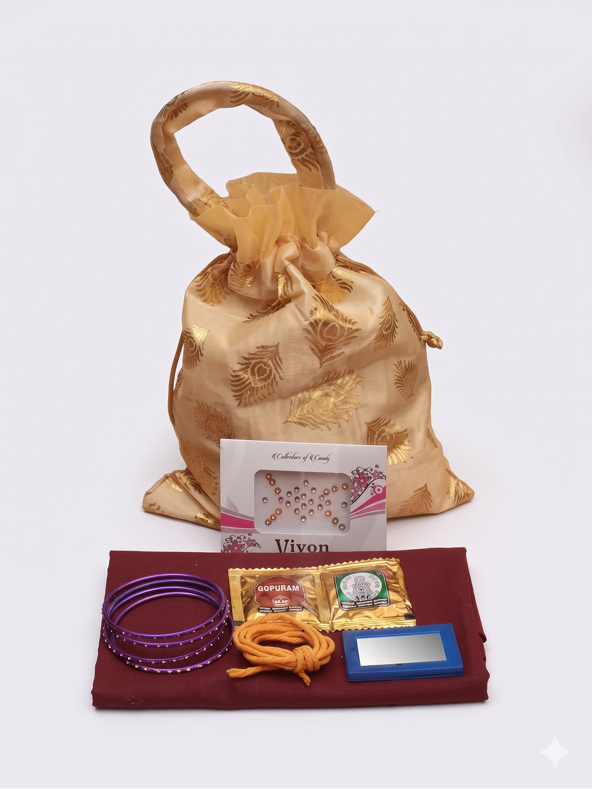 Indian Return Gift Set – Peacock Pouch & Puja Favors