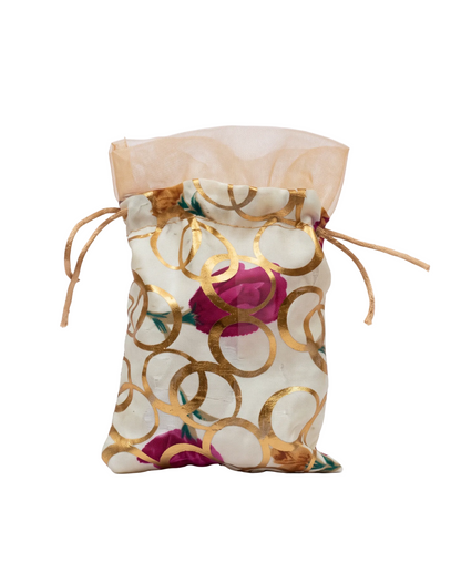 Cream Printed Velvet Drawstring Potli Pouch – Gold Motif & Floral Festive Gift Bag