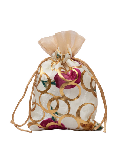 Cream Printed Velvet Drawstring Potli Pouch – Gold Motif & Floral Festive Gift Bag