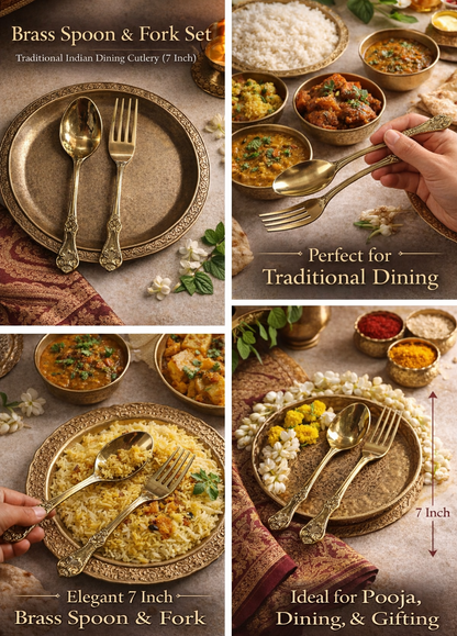 Brass Spoon and Fork Set – 7 Inch | Traditional Indian Dining Cutlery