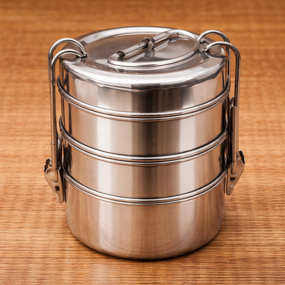Stainless Steel Round Tiffin Box – 3 Tier Lunch Box with Handle | Compact & Durable